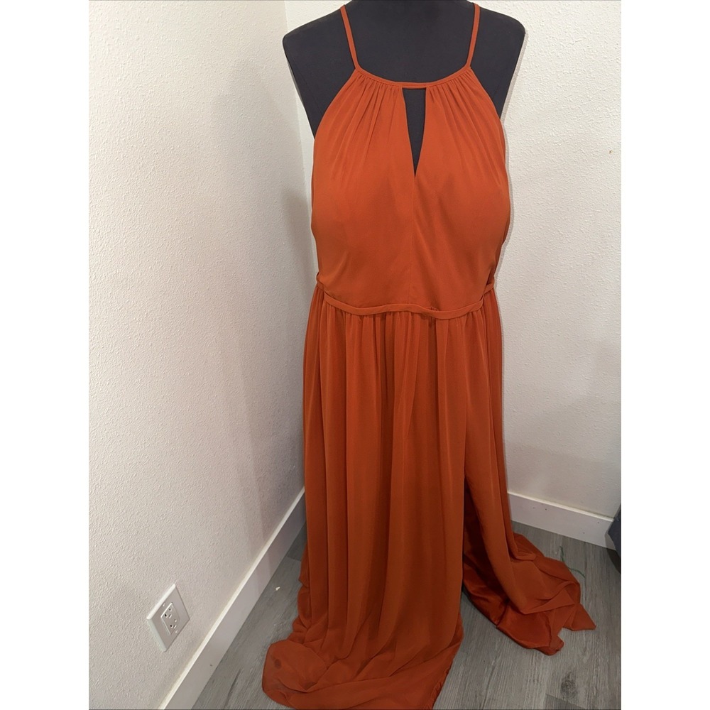 Azazie Burnt Orange Halter Midi Dress‎ Keyhole Front Flow size 16 Side  Slit